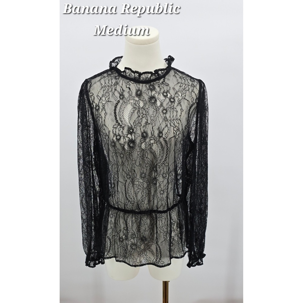 Banana Republic Black Sheer Floral Lace Ruffle Blouse Romantic Gothic Medium